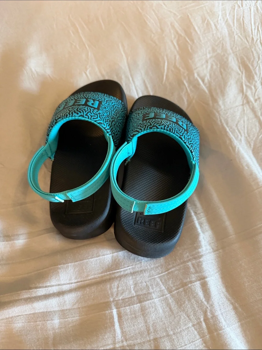 Reef Kids Turquoise Patterned Slide Sandals with Black Footbed